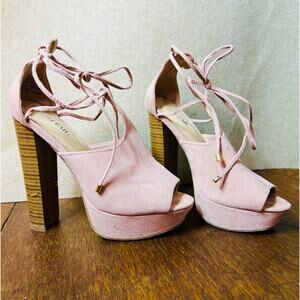 JustFab Nylia Blush Faux Suede T-Strap Lace-Up Gladiator Peep Toe Heels 5.5